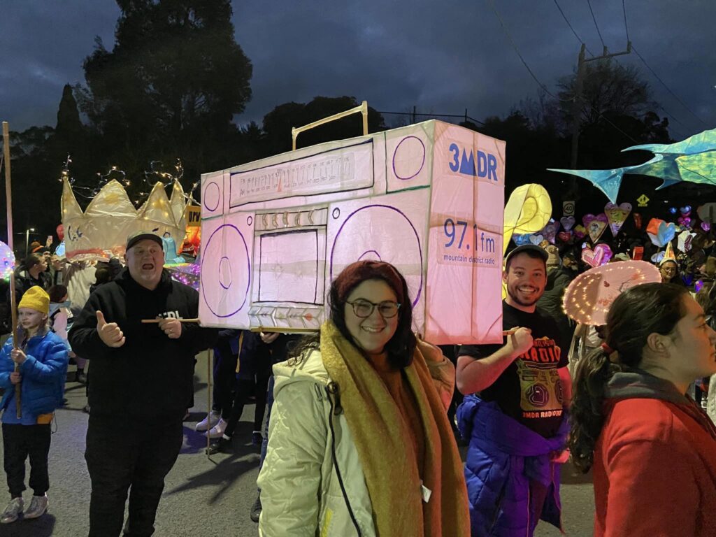 Belgrave Lantern Parade 2024. mark, Evrim & Benny carrying our lantern.