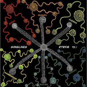 Songlines podcast episode artwork featuring coloured songlines on a black background