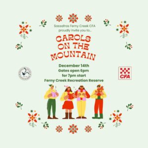 Christmas themed poster for Carols On The Mountain. Green background, colourful human characters singing carols surrounded by  Christmas graphics. 