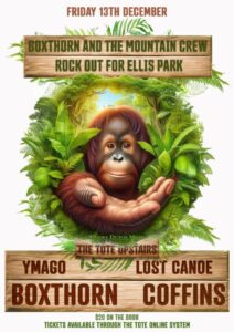 Poster for Rock Out For Ellis Park fundraiser gig. Lists names of bands playing. In the middle of the poster there is a graphic of an Orangutan holding it’s hand out, surrounded by green tropical jungle. 