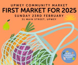 Upwey community market poster. Orange background. Black writing. Drawing of a netted shopping bag full of fresh market produce. 