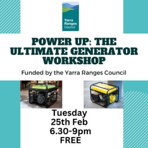 Generator workshop poster. Green writing, white background with rectangles of aqua colour. Two pictures of generators in the middle.