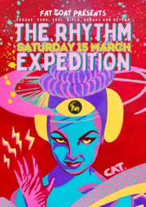 The rhythm expedition poster. Red background. Bubble writing in multiple colours. A very colourful and pop poster. An illustration of a female sci-fi looking character looking straight ahead in the middle of the poster with splashes and brushes of colour around her. 