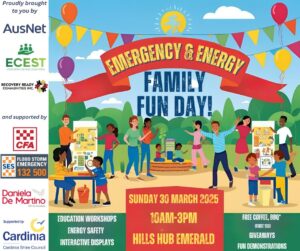 Emergency and energy family fun day poster. A fun and colourful graphic drawing of kids and adults in a park at a community event. Supporter logos on the lefthand side. 