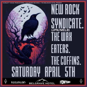 New Rock syndicate poster. Black background  with bold white/grey writing. Drawing of two black crows sitting on the branch of a dead burnt tree in apocalyptic like landscape. 