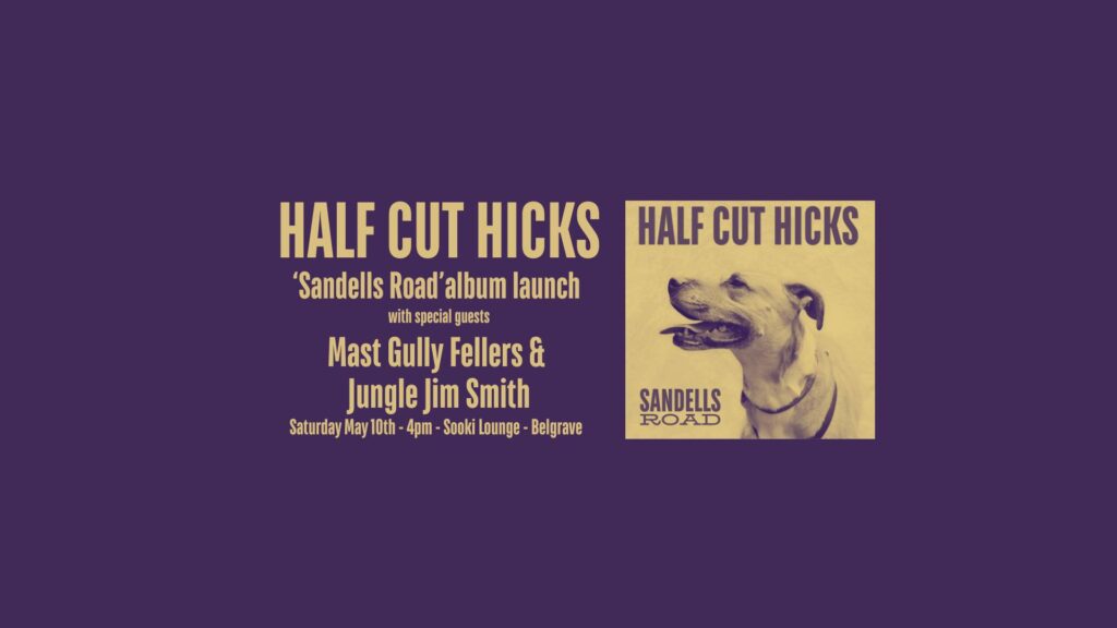 Album launch graphic. Purple background. Gold writing. Album cover featuring a gold photo of a dog included.