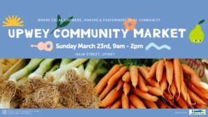 Upwey community market poster. Blue background, white writing, photo collage of vegetables. Little drawings of a guitar, sun and fruit.