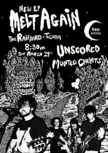 Unscored gig poster. Black background. White melting writing. Illustrations of weird monsters coming out of the ground. Black and white photos in a collage style of the band members playing live at the bottom of the poster.  