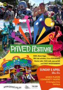 Paved festival poster. Monatge of past festival photographs. Circus performers, robots, parades, dancers. Colourful writing and strips of colour intertwined into the poster. 