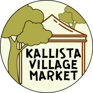 Kallista Village Market logo. Light green background. Drawing of a market tent with a darker green tree either side of it. Black marker like font.