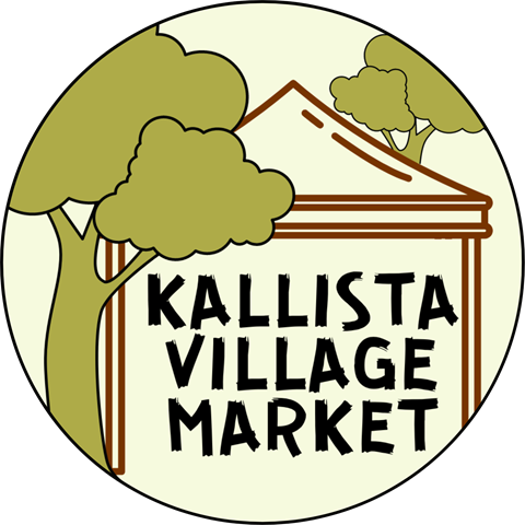 Kallista Village Market logo. Light green background. Drawing of a market tent with a darker green tree either side of it. Black marker like font.