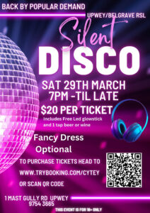 Silent disco poster. Purple colour theme. Bold white writing. Disco ball image reflecting beams of light.