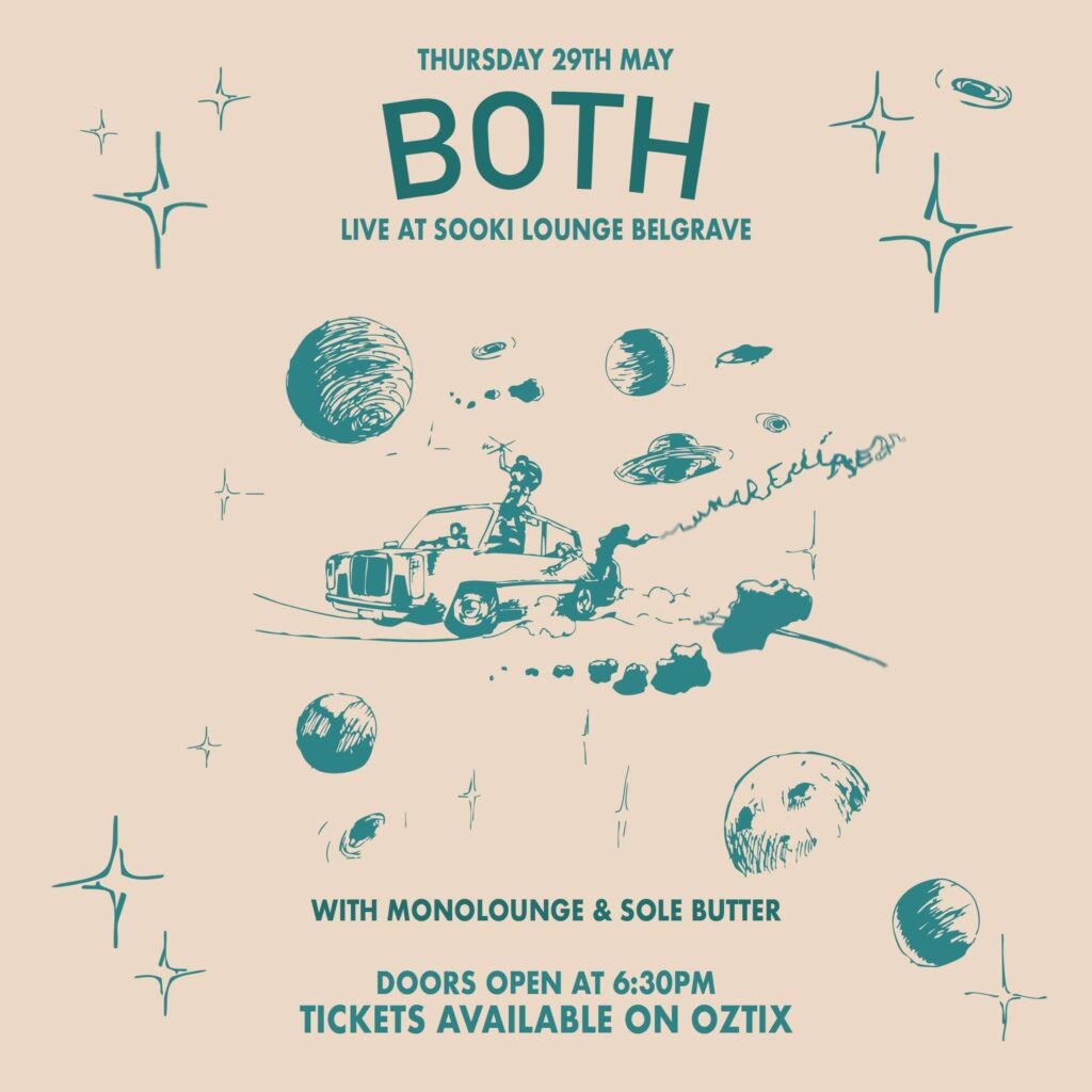 Both poster. Cream background. Writing in darker green. Sketch like drawings of a car speeding, stars, moon and planets.