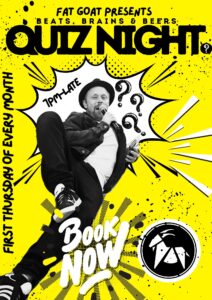 Quiz night poster. Yellow background. Black & white writing in a pop/comic style. Photo of quiz host. Fat Got logo. Splatters of paint. 