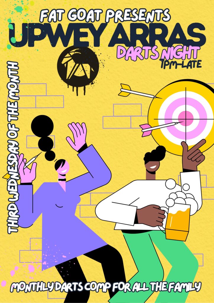 Upwey Arras poster. Yellow brick wall background. Multi coloured bubble writing. Cartoon drawing of a person drinking beer and another person throwing darts at a dart board.