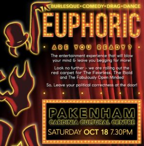 Euphoric poster. Red stage curtain background. Orange and yellow writing in light bulb theatre sign style. Graphic of a dancer.