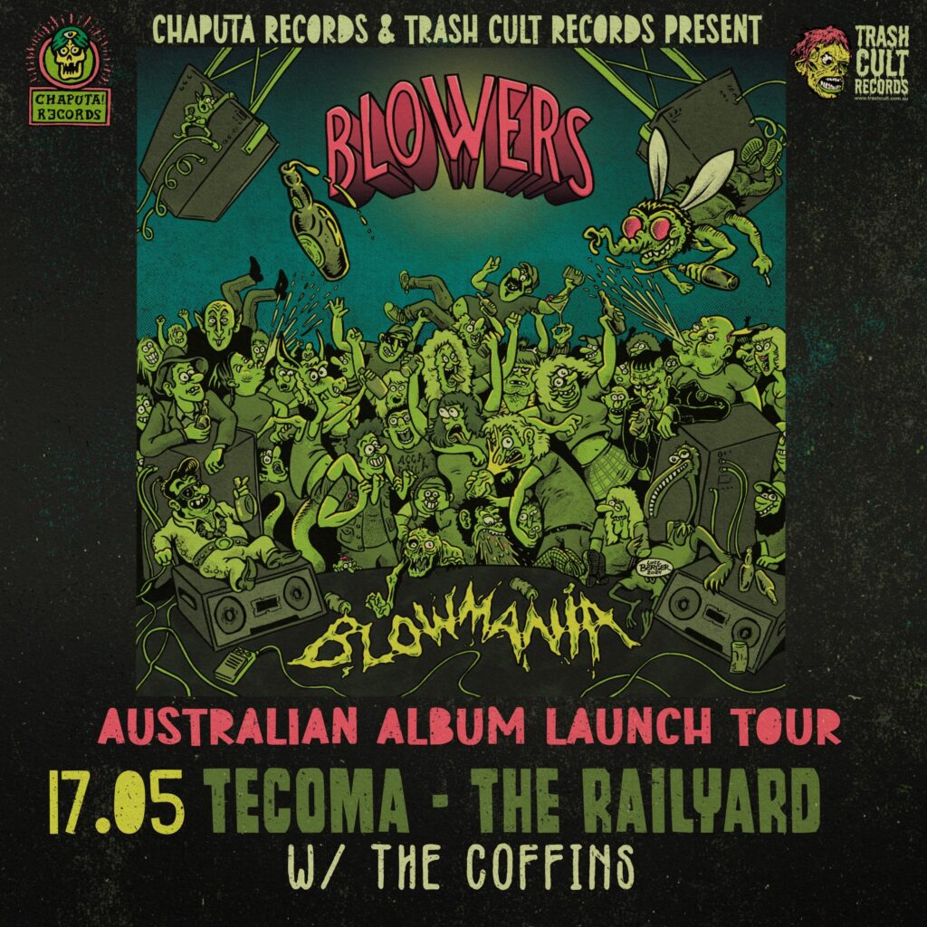 Blowers gig poster. Green colour theme. Cartoonish illustration of a rowdy rock gig crowd in front a a stage. From the prospective of the band on stage. Large blowfly in the air.