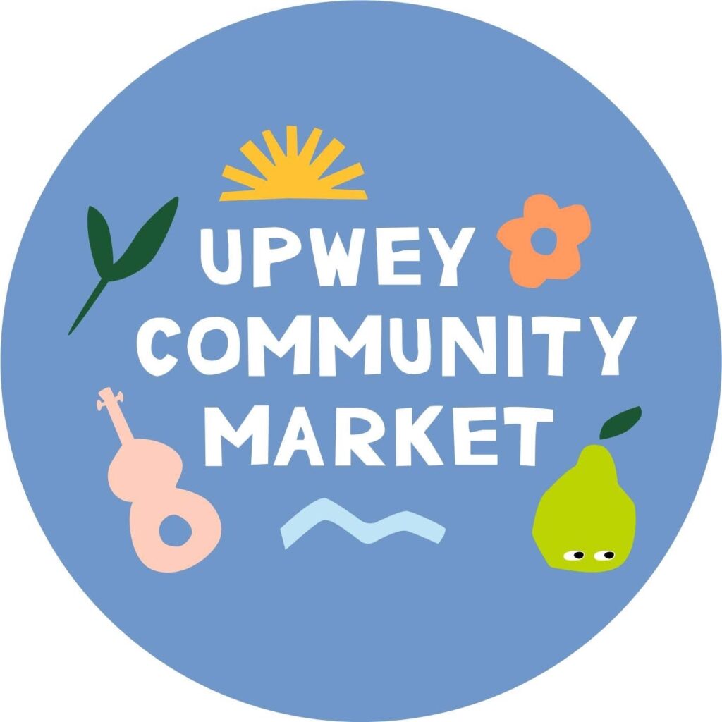 Upwey market circle logo. Blue background, white bubble writing and coloured drawings of a pear, flower, leaf, sun and cello.