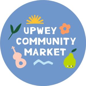 Upwey market circle logo. Blue background, white bubble writing and coloured drawings of a pear, flower, leaf, sun and cello.