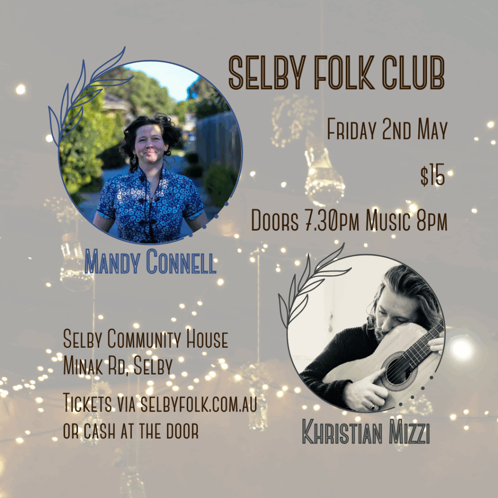 SF tile showing a colour ic of Many Connell wearing a blue dress with trees in the background and the wind in her hair and a black and white pic of Khristian Mizzi holding his guitar. The event details are also shown