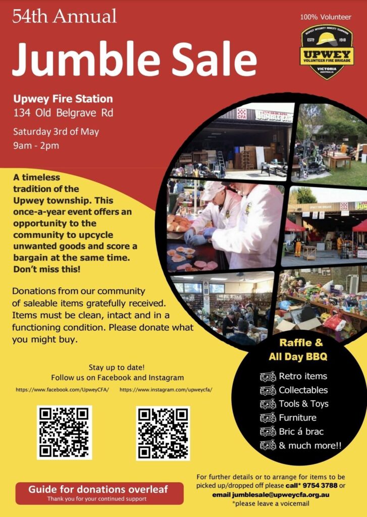 Upwey CFA jumble sale poster. Red and yellow backgrounds. Upwey fire brigade logo top right corner. White and black writing on the left side. Collage of photos from past jumble sales in a circle on the right side of the poster.