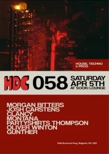HDC poster. Top part of poster is a photo of a bar. Red and cream blocks of colour. Bubble writing. 