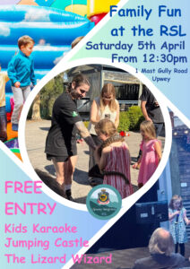 Family fun day poster. Collage of photos from past family fun days. Multi coloured writing and area of fun colours between photos. 