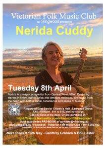 Poster for Nerida Cuddy show. Portrait photo of Nerida at a view point holding her guitar with verdant countryside in the background. White and yellow writing with info about the show.