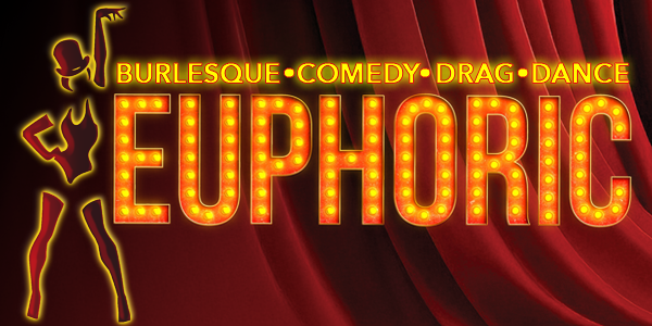 Euphoric banner logo. Red stage curtain background. Orange and yellow writing in light bulb theatre sign style. Graphic of a dancer.