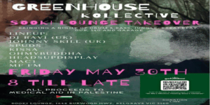 Greenhouse Kollective banner. Trippy nature design.  White and pink writing. 