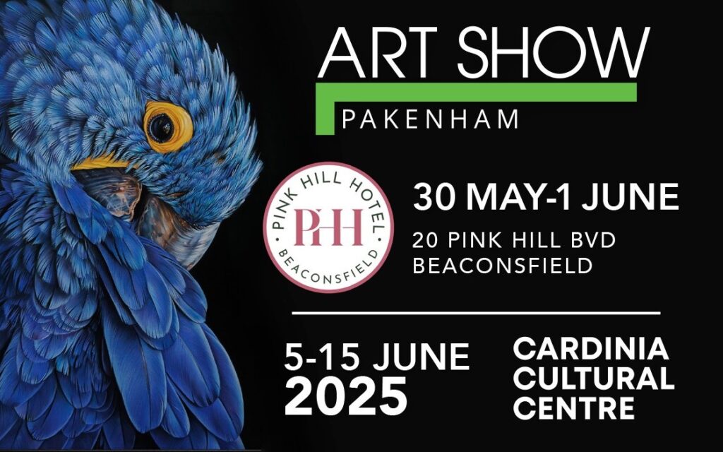 Art show Pakenham banner poster. Black background. Painting of a blue Cockatoo on the left side. White writing with a green line under the heading. Sponsor round logo.