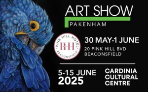 Art show Pakenham banner poster. Black background. Painting of a blue Cockatoo on the left side. White writing with a green line under the heading. Sponsor round logo.