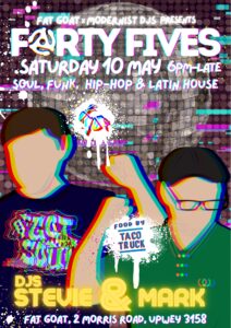 Forty fives at fat goat poster. Party theme to poster. Disco ball background, bubble fun writing, spots of colour, illustration of two DJs dancing. 