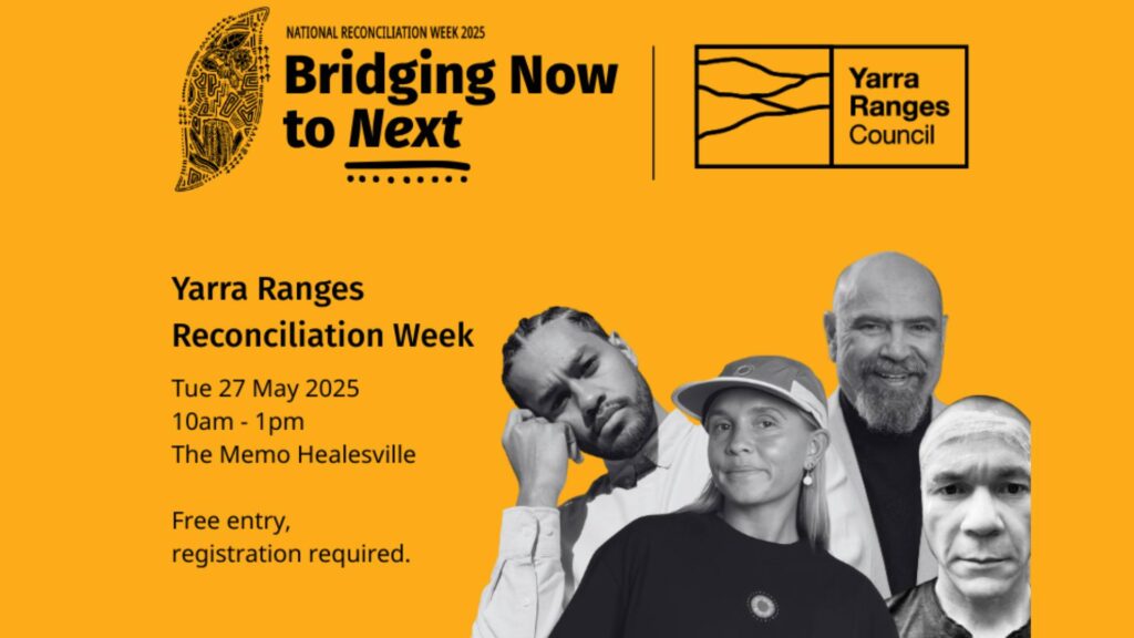 Yarra Ranges Reconciliation Week – Bridging Now to Next banner poster. Rich yellow background. Black text. Yarra Ranges council logo top right corner. National reconciliation week design/art and text top left corner. Black and white photos of speakers arranged in a collage, bottom right of poster.