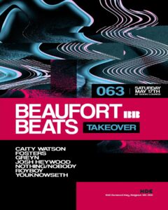 HDC Beaufort Beats poster. Futuristic design. Swirly multi coloured background. Bold white and blue writing. 