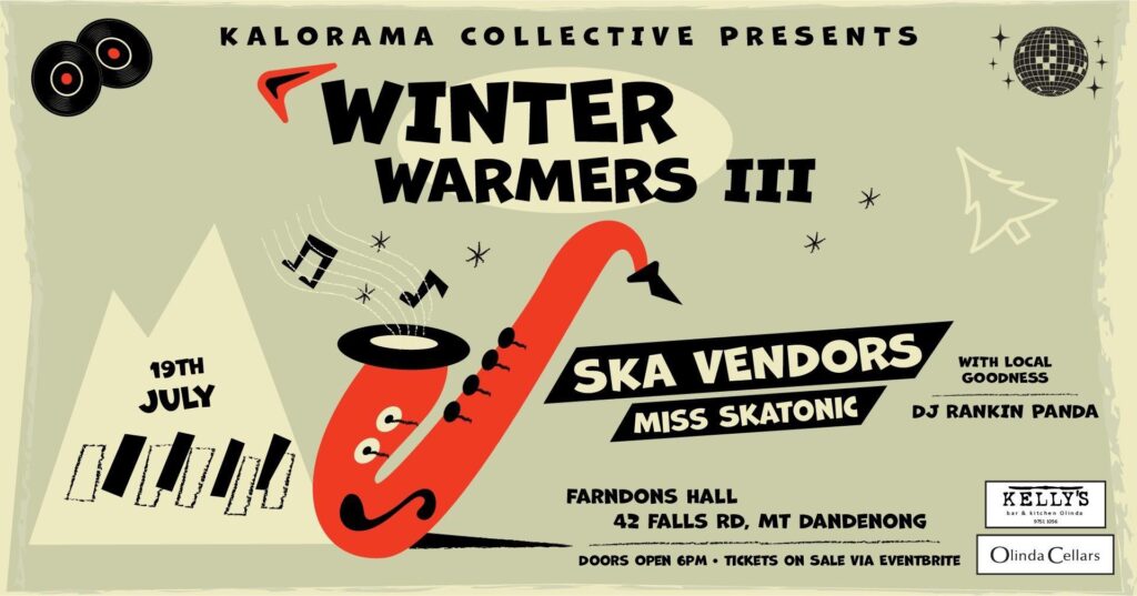 Winter warmers 3 poster. Light green background. Fun black font. Red saxophone in the middle with musical notes coming out of it. Mountain shapes with writing and piano keys within it.
