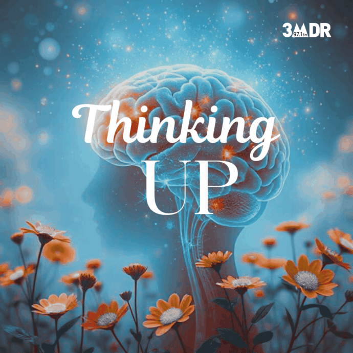 A blue brain in a field of orange flowers with white writing that says: Thinking UP