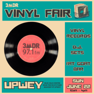 Retro inspired design of a social media square with the details of the vinyl fair. there are blocks of blue with text on them and a block of beige with a record on it with 3MDR's logo in the middle.