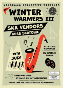 Winter warmers 3 poster. Light green background. Fun black font. Red saxophone in the middle with musical notes coming out of it. Mountain shapes with writing and piano keys within it.