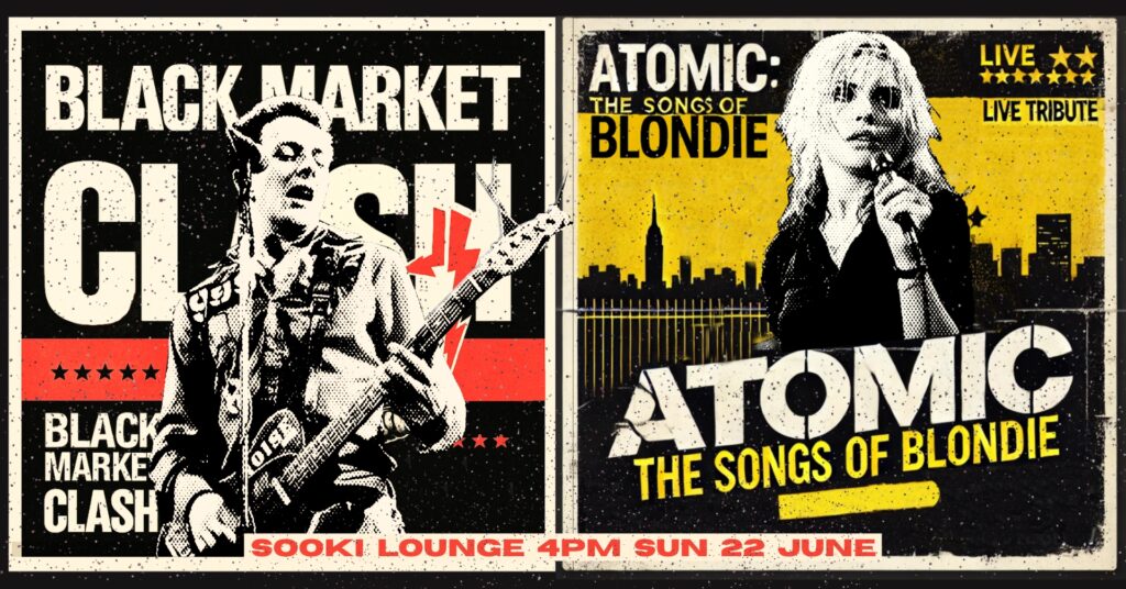 Clash/Blondie tribute show banner poster. Two square posters next to each other. The clash poster on the left has black background, white bold writing and red strip of colour. Black and white cut out photo of Joe Strummer playing guitar/singing. Comic book effect to poster. Blondie poster is black background with a yellow strip and an outline of a city. Bold white and yellow writing. Cut out black and white photo of Blondie singing. Comic book effect to image.