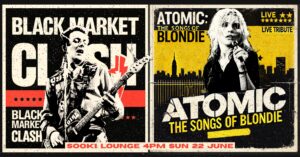 Clash/Blondie tribute show banner poster. Two square posters next to each other. The clash poster on the left has black background, white bold writing and red strip of colour. Black and white cut out photo of Joe Strummer playing guitar/singing. Comic book effect to poster. Blondie poster is black background with a yellow strip and an outline of a city. Bold white and yellow writing. Cut out black and white photo of Blondie singing. Comic book effect to image. 
