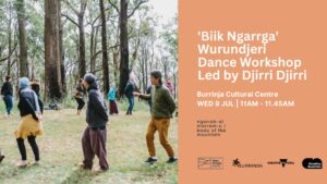 Djirri Djirri workshop, Mt Corhanwarrabul, as part of BodyPlaceProject's Dancing Place: Corhanwarrabul, 2020. People dancing in a circle in a grass clearing amongst a forest. Block of cream pink colour on the left of poster with white and black text and logos. 