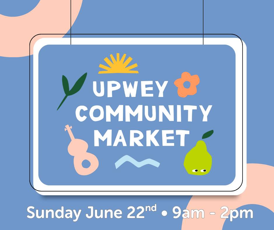 Upwey market square logo. Blue background, white bubble writing and coloured drawings of a pear, flower, leaf, sun and cello.