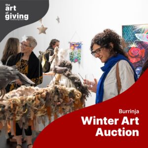 Burrinja winter art auction poster. Photograph of people in an art gallery looking at artworks while smiling & holding glasses of wine. Section of colour at the top left and bottom right corners with text in white.
