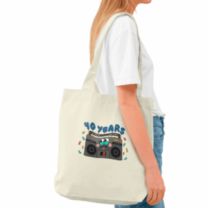 Canvas tote bag with 3MDR 40th birthday radio artwork