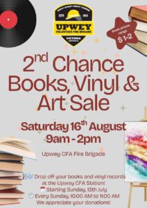 Upwey CFA 2nd chance sale poster. Grey background. Red writing. Pictures of books, vinyl and art. Upwey CFA logo. 
