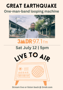 Great Earthquake live to air poster. Cream background. Black, blue and orange text. Colour portrait photo or Great Earthquake at Knox O-zone. Graphic of a radio in the bottom half of the poster.