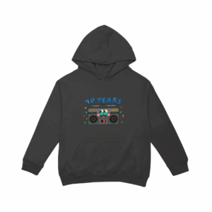 faded black hoodie with 40th birthday radio artwork