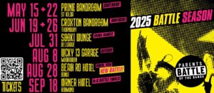 Parents Battle of The Bands banner poster. Black and yellow background. Left side pink and yellow text. Right side is a graphic of a singer leaning back and holding a microphone. 
