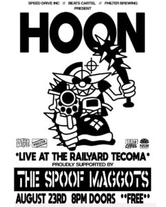 Hoon Railyard poster. White background. Black bold text. Graphic of a strange cartoon character holding a revolver gun. Sponsor logos. 